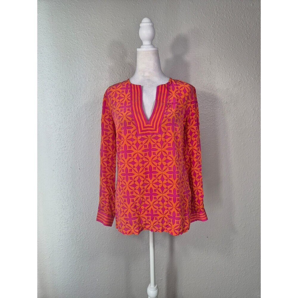 Trina Turk Silk M Tropical Split Neck Blouse Shirt Long Sleeve Pink Orange N37
